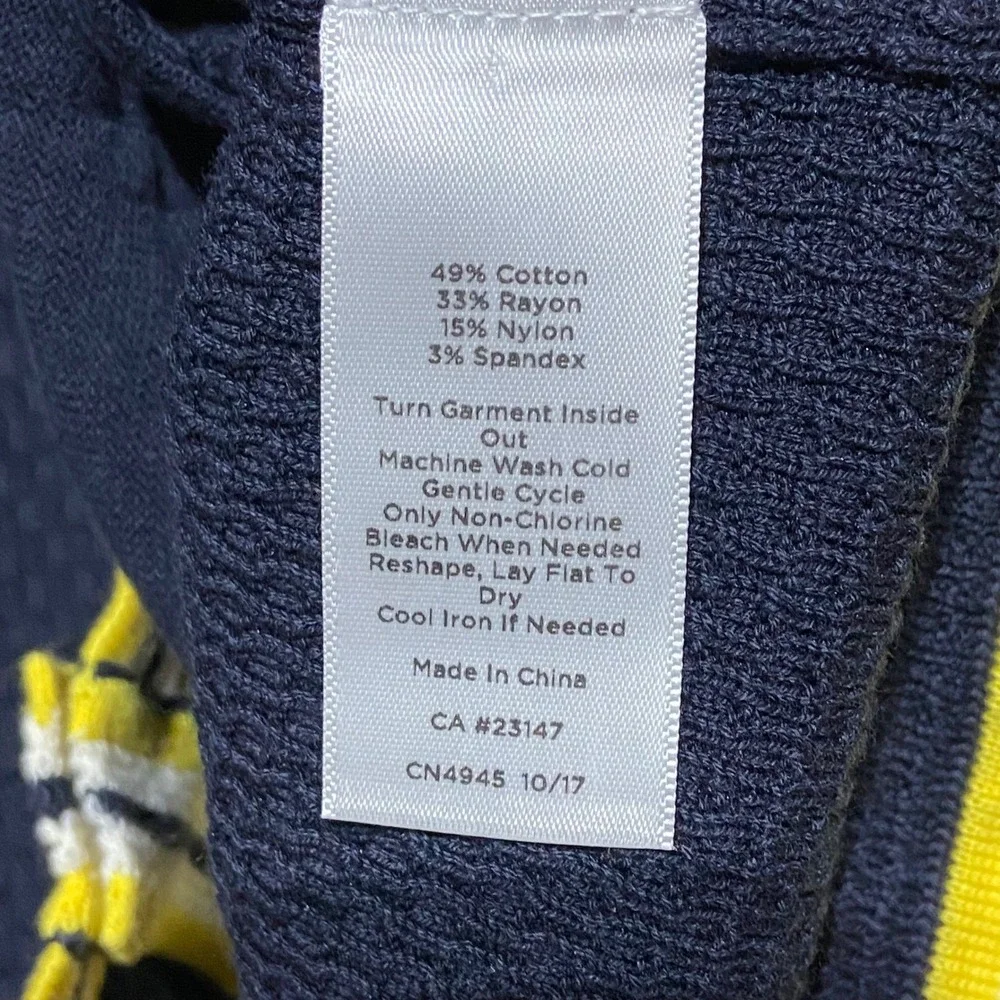 Talbots Women's Navy Blue Textured Knit Cardigan Gold Button Striped Trim Size M
